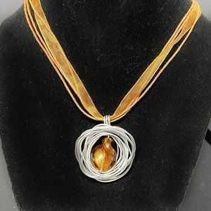 Stunning Stainless Steel Wire Wrapped Twisted Glass Bead on Gold Ribbon Necklace